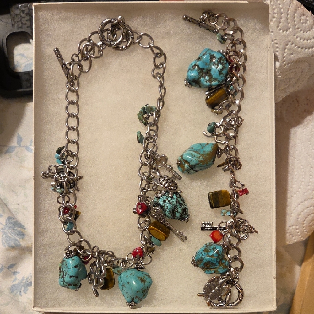 Turquoise and Silver Charm Necklace. Vintage